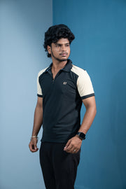 Dual-Tone Short Sleeve Zipper Collar T-Shirt for Men Trending Korean Fit-Black